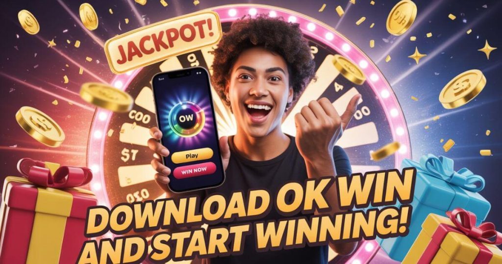 a woman holding a phone and a jackpot
download ok win